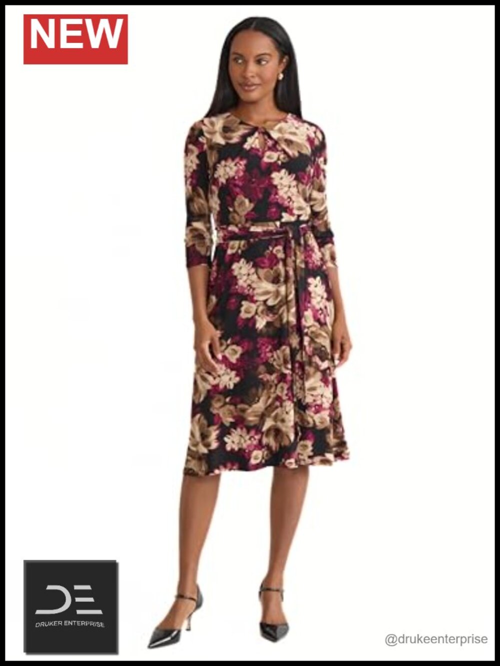 Women's 3/4 Sleeve Floral Belted Jersey Dress